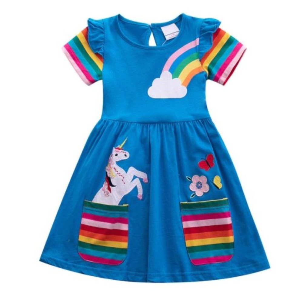 Unicorn Rainbow Girls Blue Short Sleeve Dress